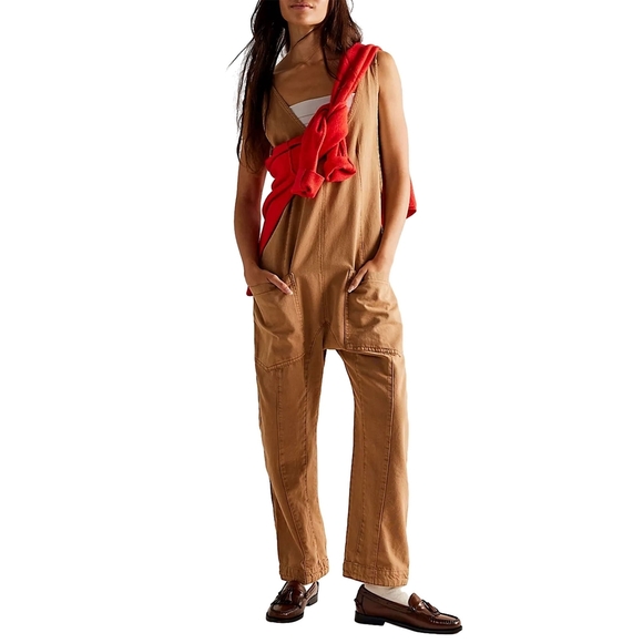 Unbranded Pants - Oversized Tan Jumpsuit with Pockets Boho Cottacore Garden Workwear Size Small